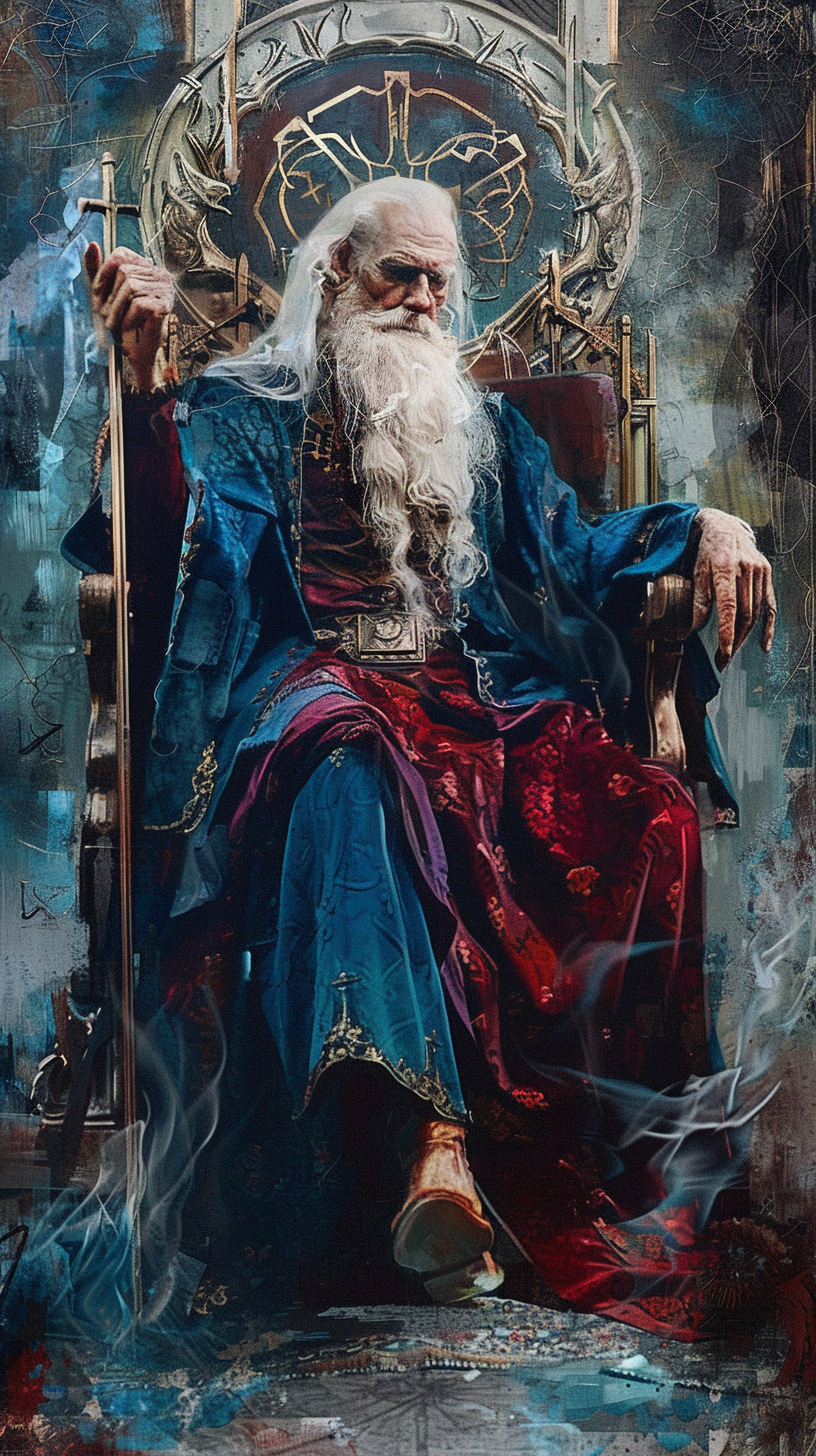 Old Tarot Card Elderly Man on Blue Throne 