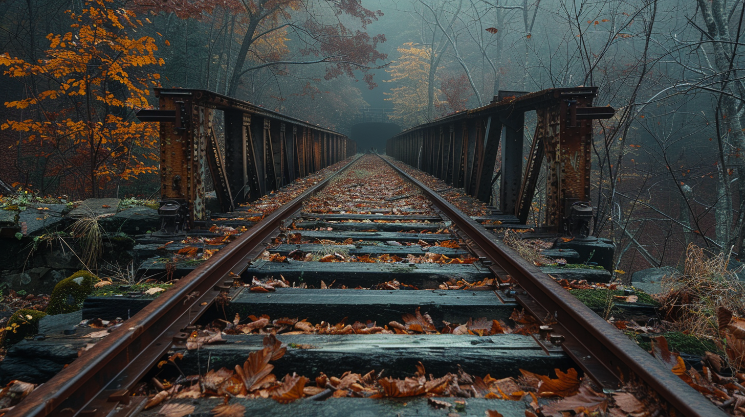 Old abandoned railway crossing in deep woods, rusted tracks.