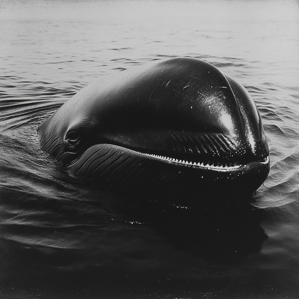 Old black and white photo of happy whale.