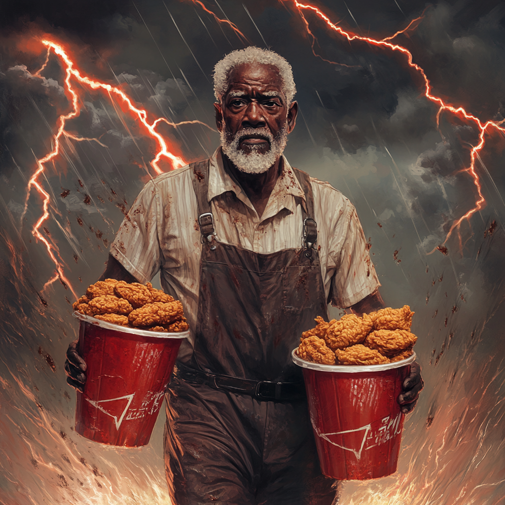 Old black man holds KFC buckets, lightning flashes behind.