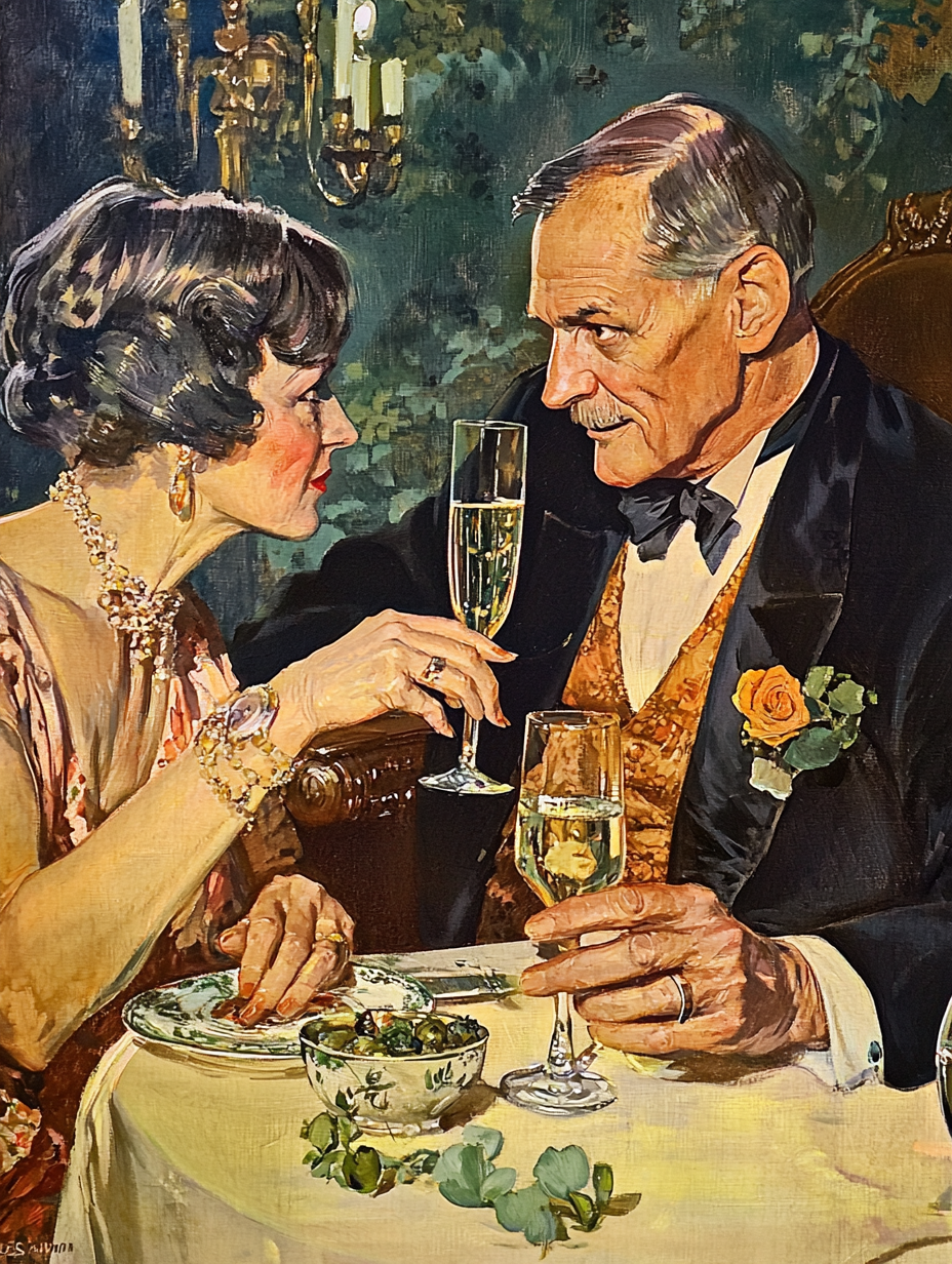 Old book cover with couple, drinking champagne, mystery style.