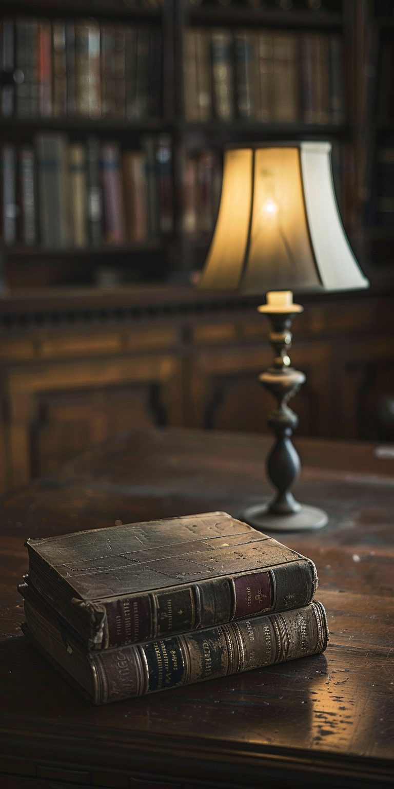 Old book on antique desk in dark library.