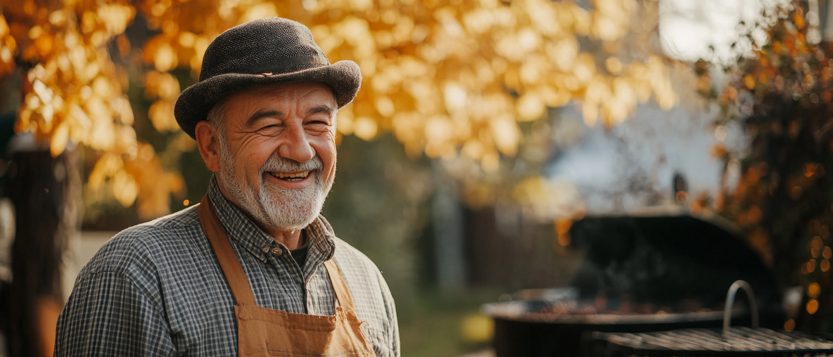 Old butcher in traditional clothes, smiling, standing outside.