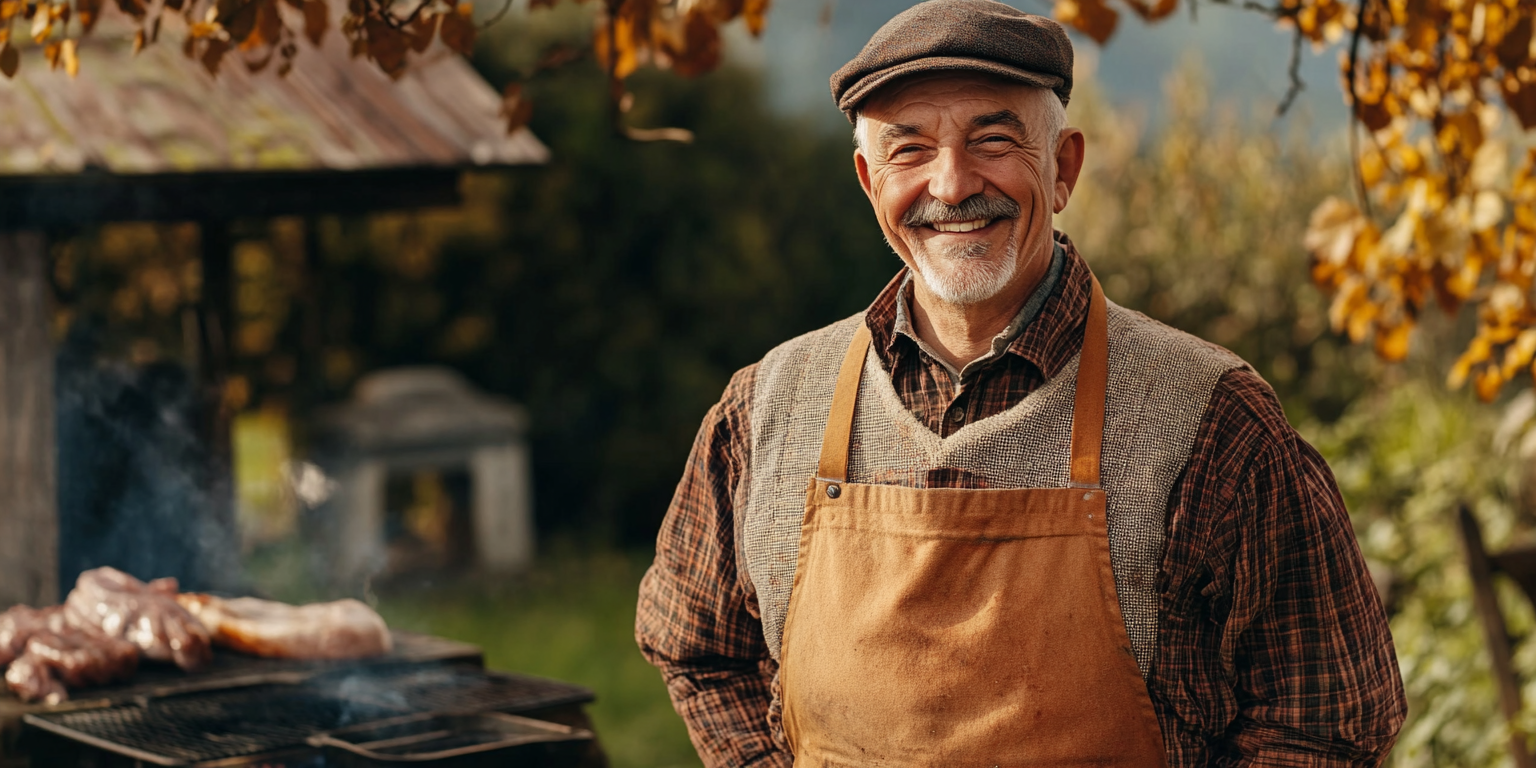 Old butcher in traditional clothes smiles in garden.