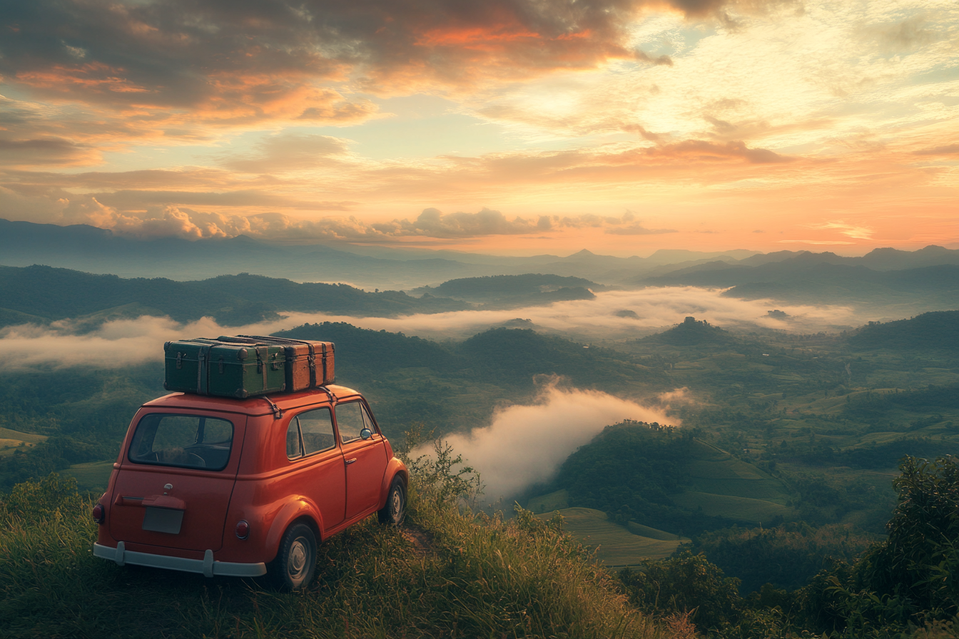 Old car with suitcases under beautiful sunrise scenery