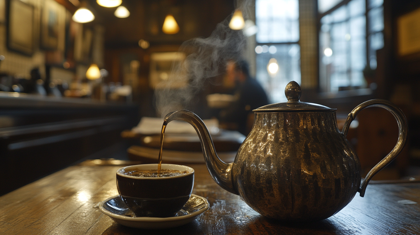 Old coffee pot pours dark liquid in café