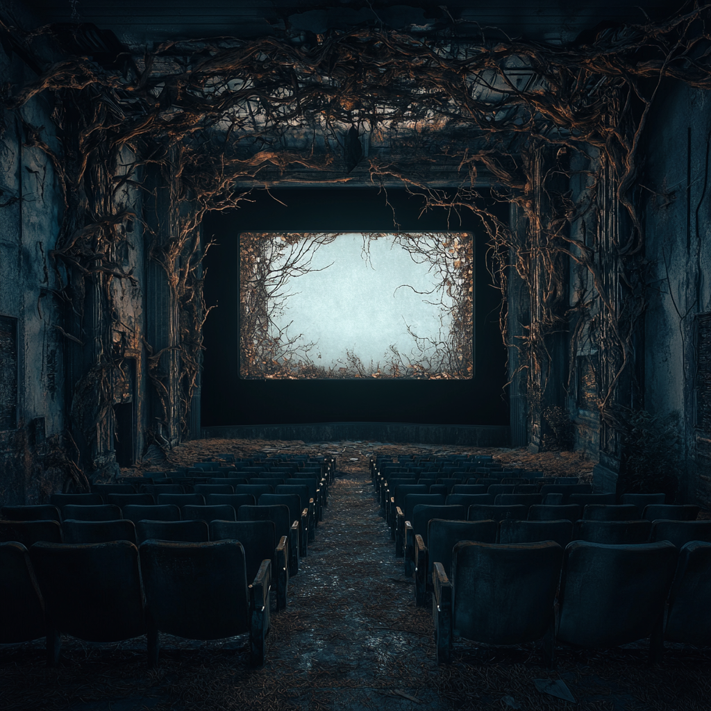 Old decaying movie theatre screen surrounded by empty seats.