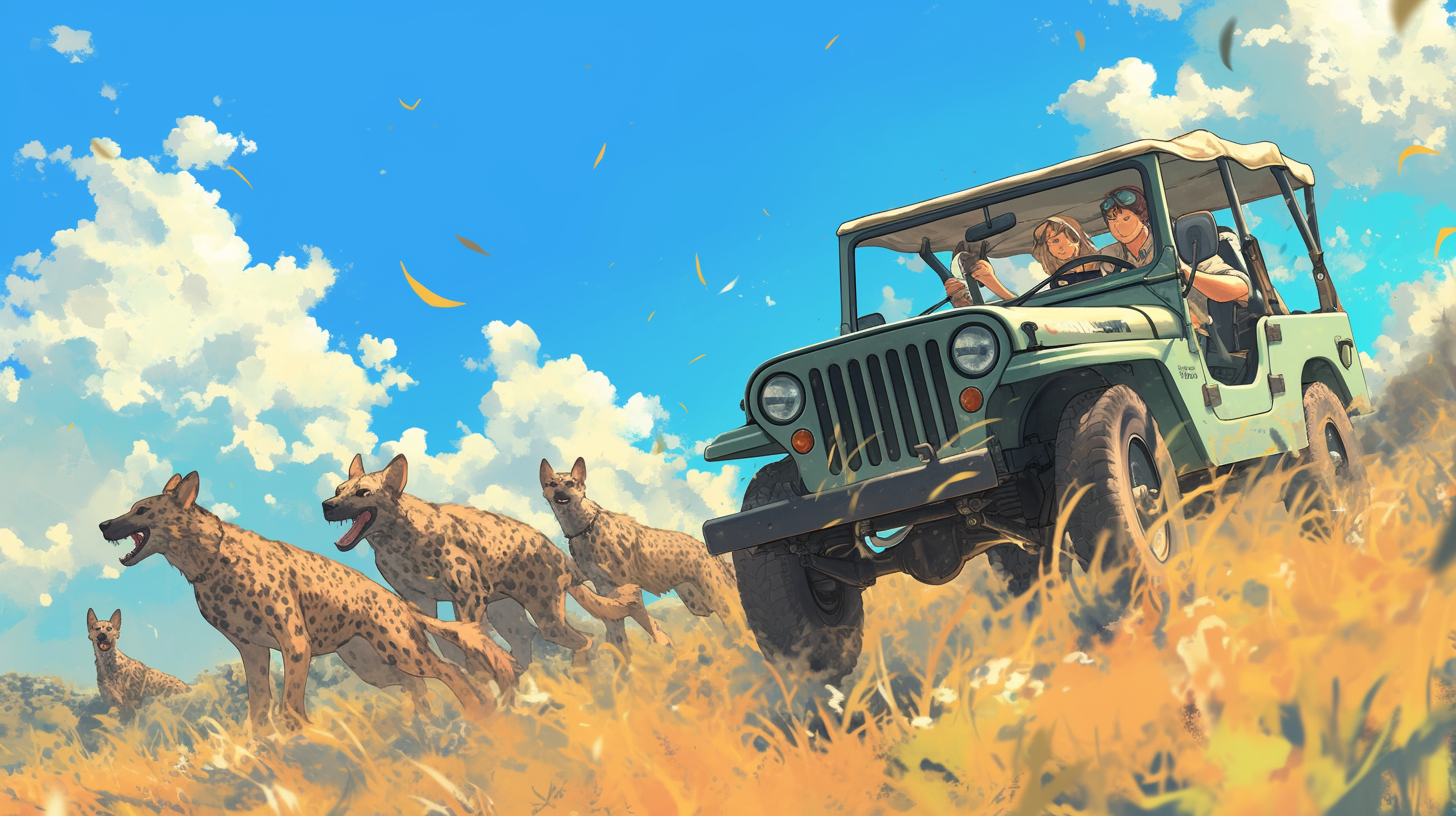 Old green jeep safari Sudanese brush spotted dogs