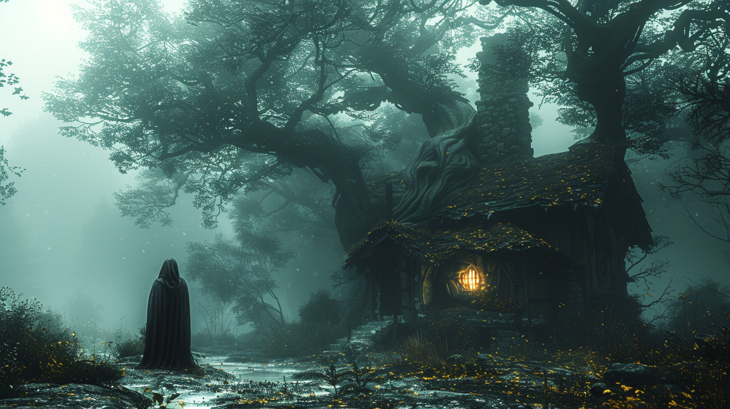 Old hag in foggy forest, strange hut background.