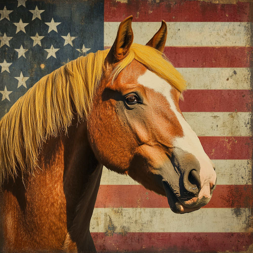 Old horse with yellow combover, orange face, American flag.