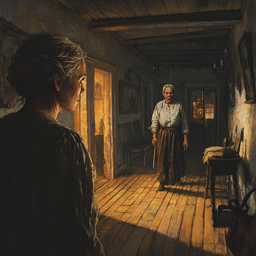 Old house, man looks at scared woman defensively.