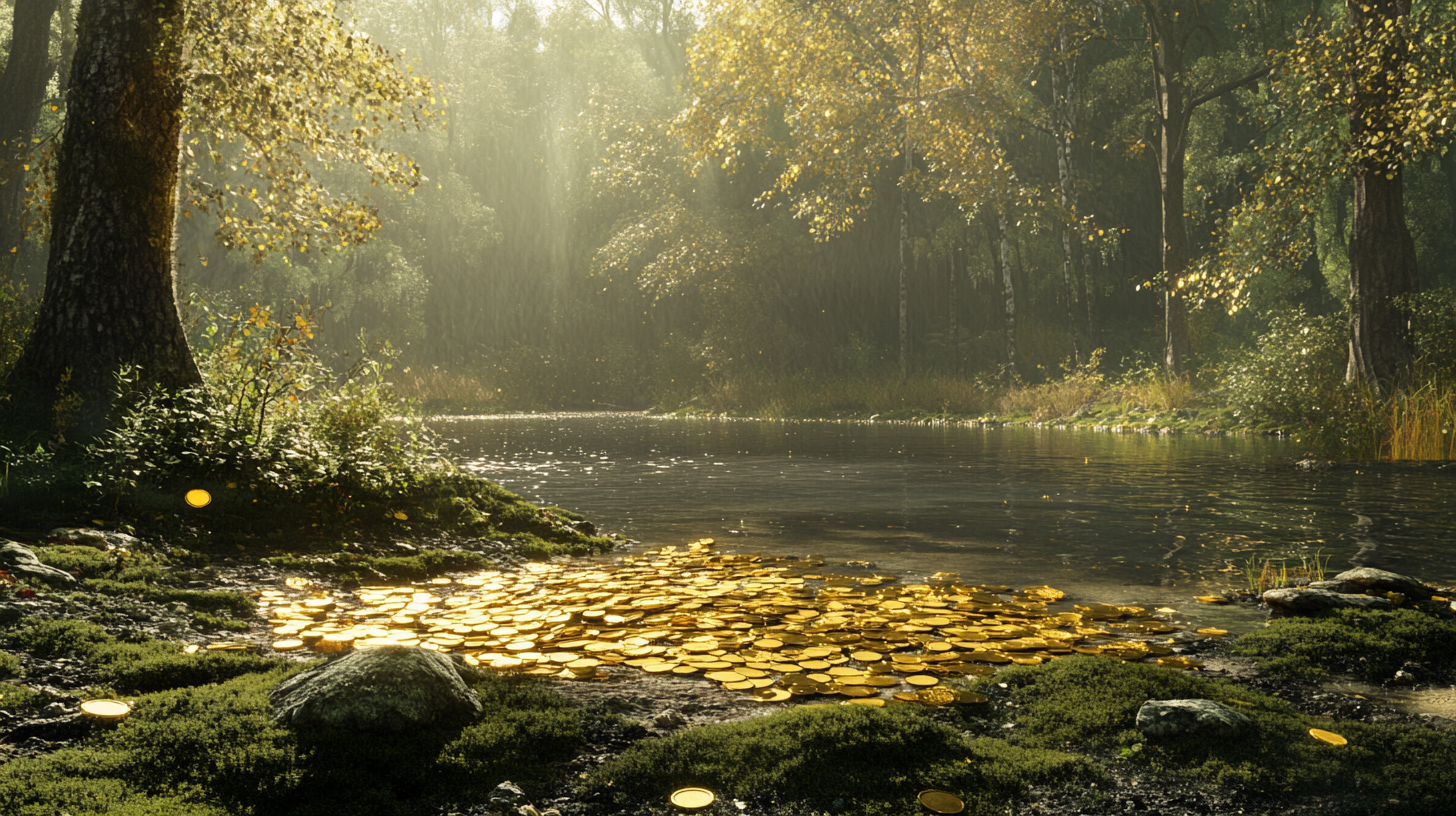 Old lake with bushes, trees, gold coins, equipment. Sunny day.