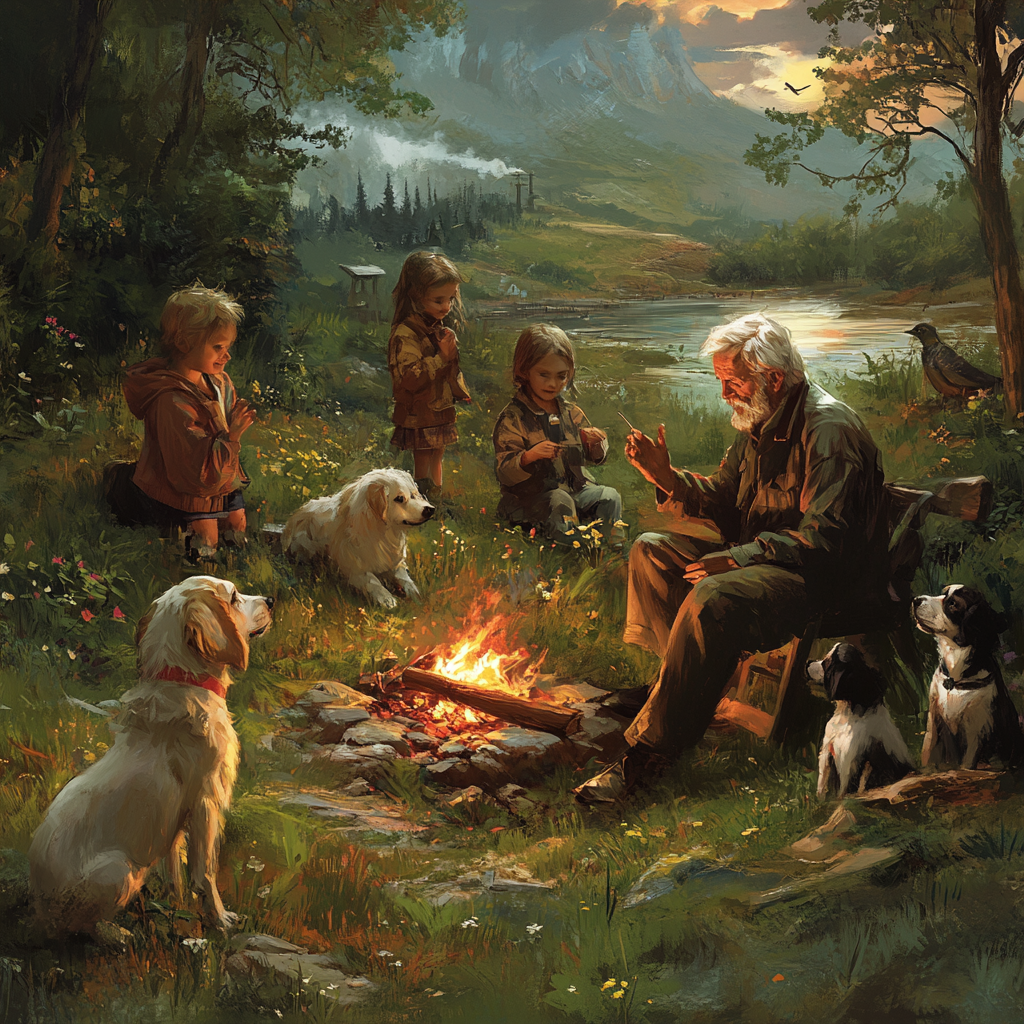 Old man, children, animals by campfire in harmony.