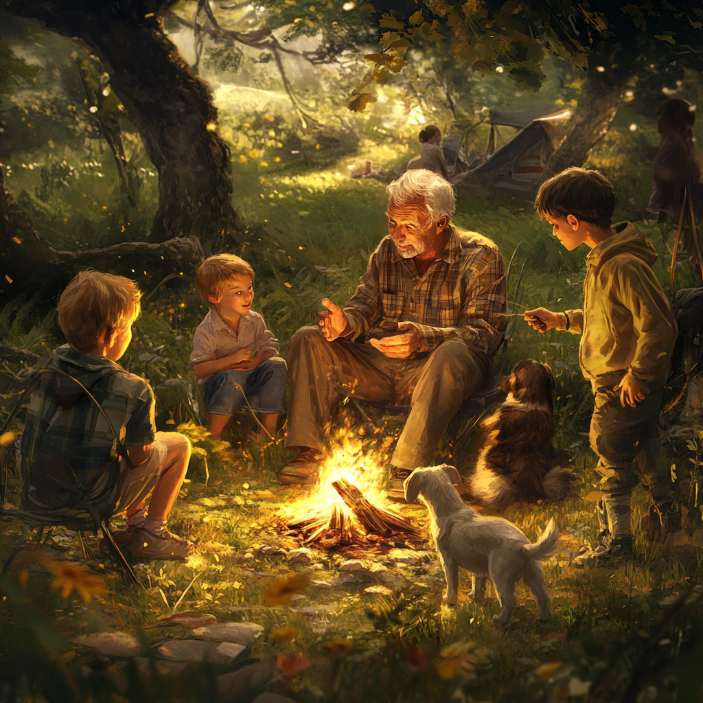 Old man, kids, animals by campfire in nature.