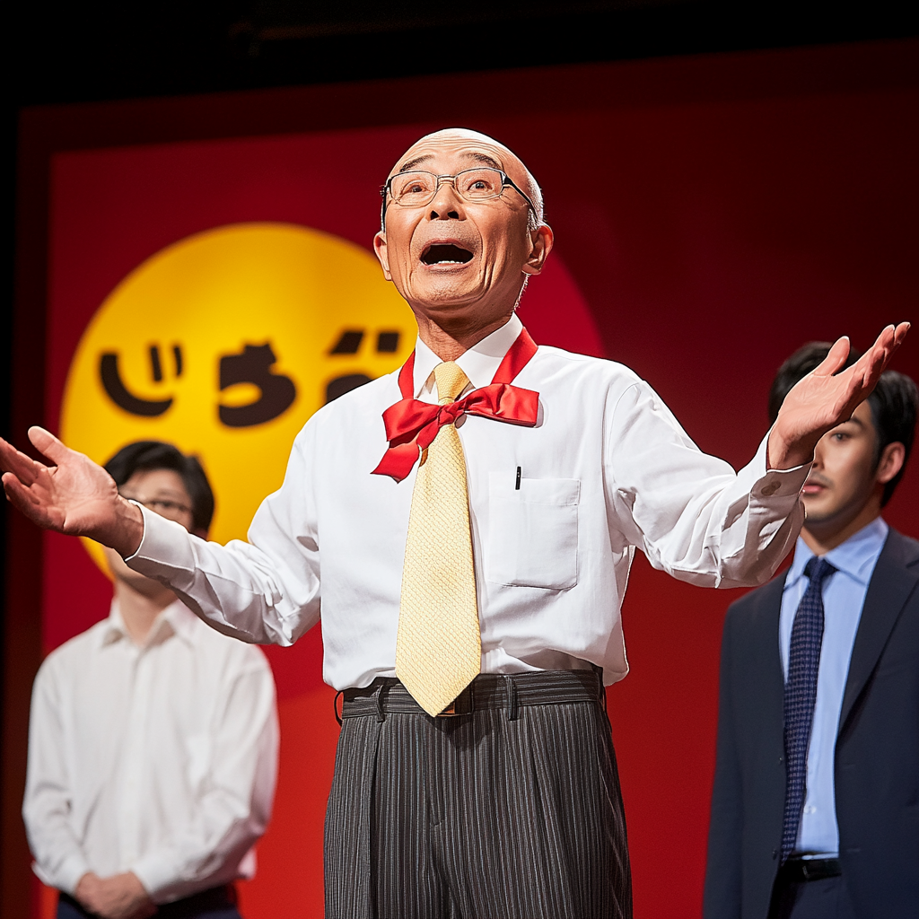 Old man comedian, middle-aged man speaks, man hurrying