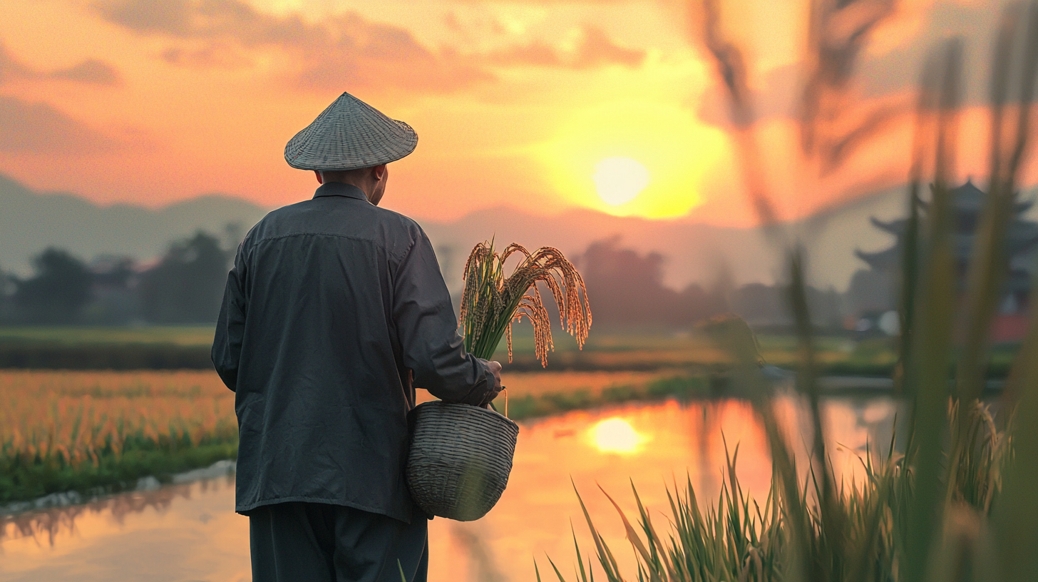 Old man in rice field at sunset, holding plants.