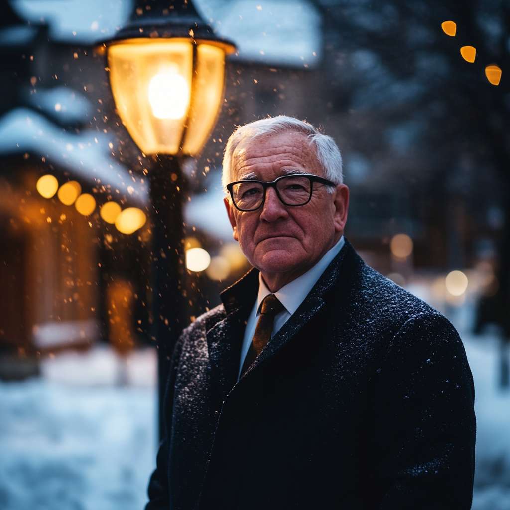 Old man in winter coat standing in snow.