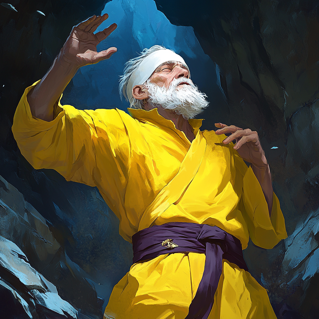 Old man in yellow robe, bandage, arm out, dark background.