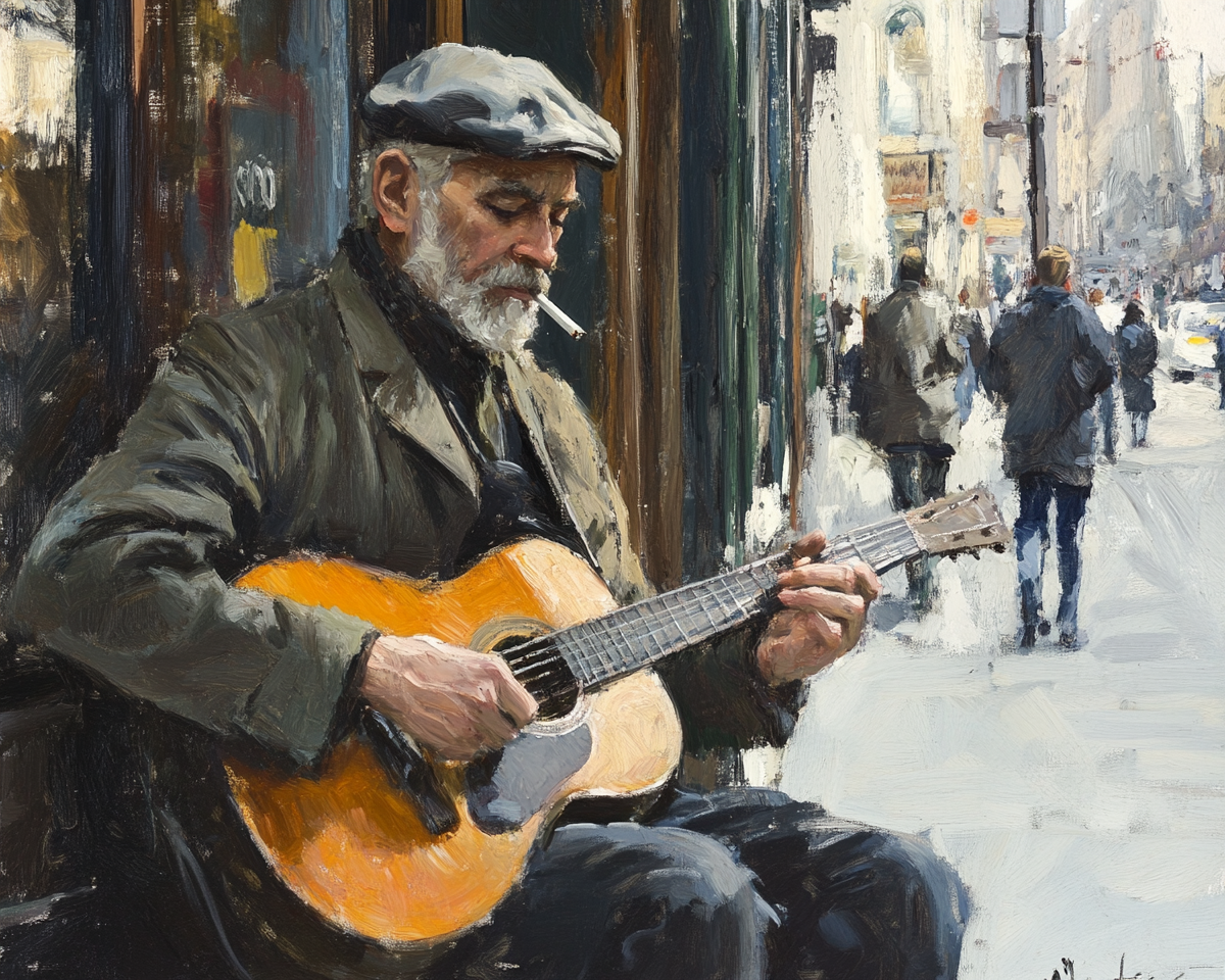 Old man playing guitar outside Cafe while smoking.