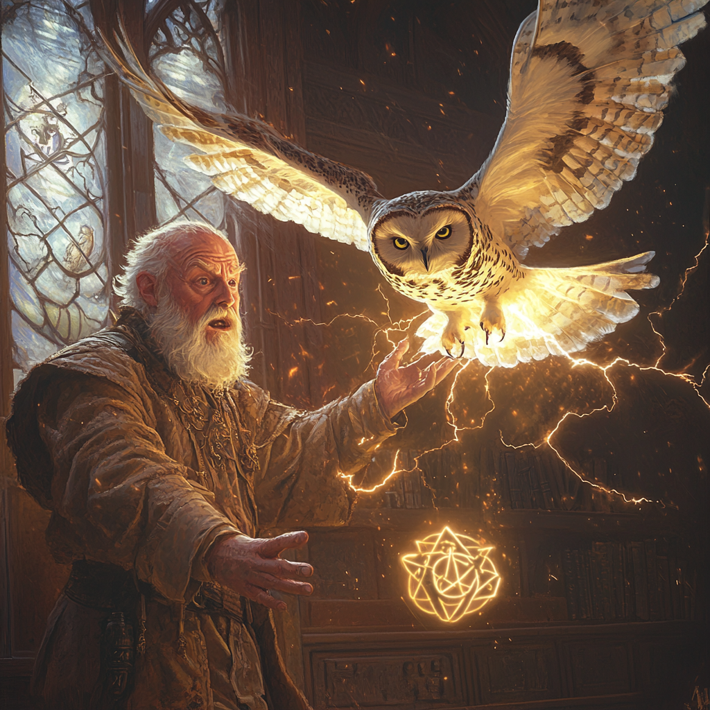 Old man struck by lightning, big owl flying, magic sigil glowing in classroom.