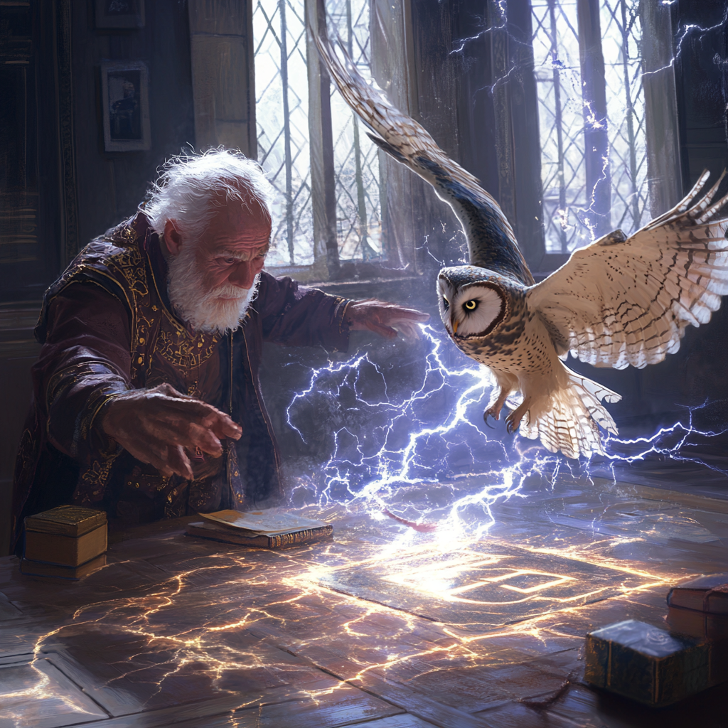 Old man struck by lightning, owl flying, magic sigil.