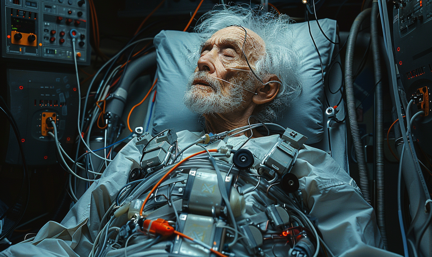 Old man with silver hair lying in hospital bed.