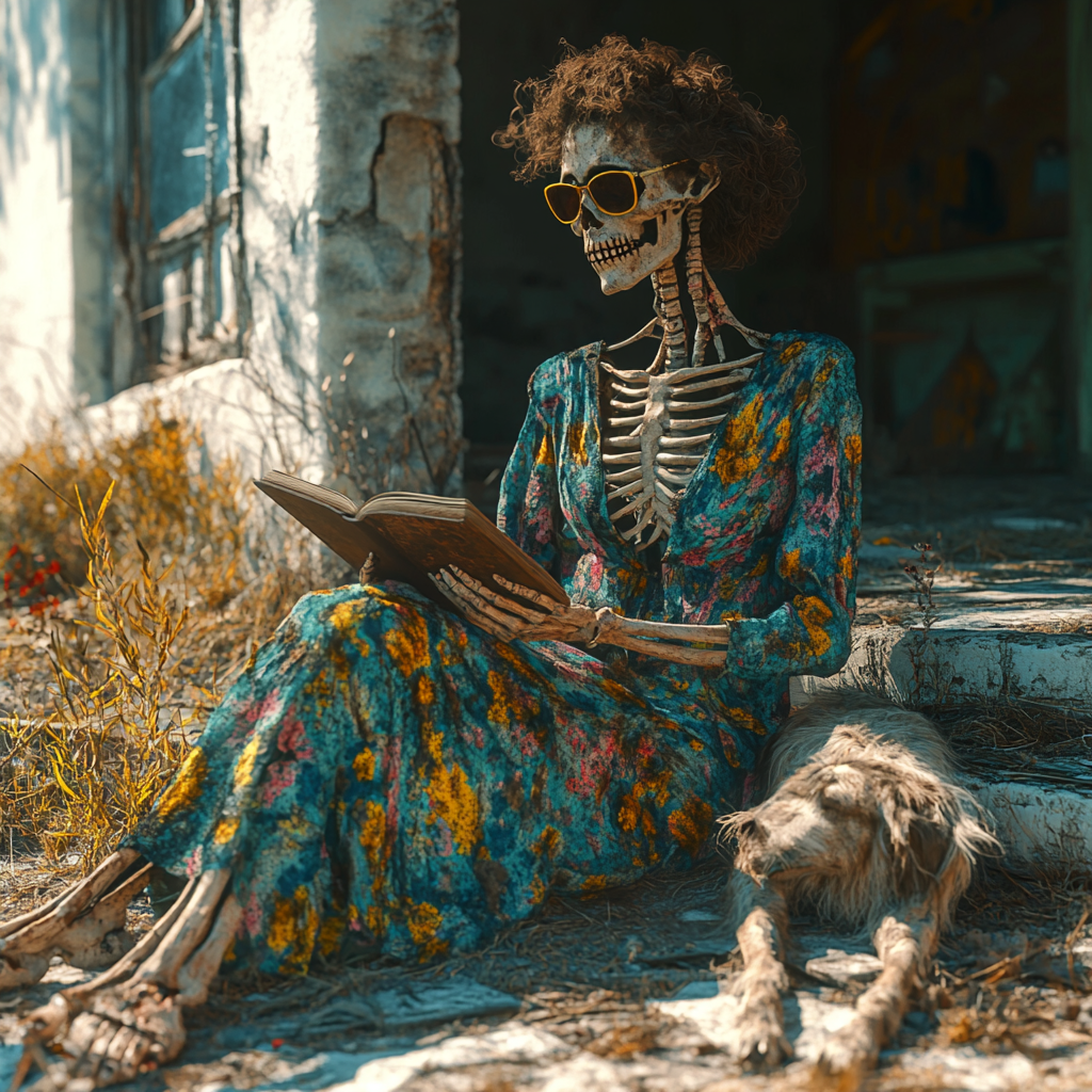 Old skeleton woman in floral dress reads outside decrepit home.