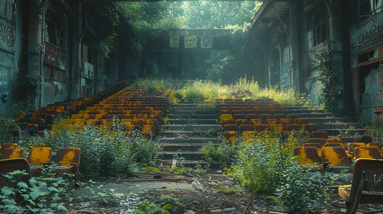 Old sports arena with broken seats and rusted bleachers.