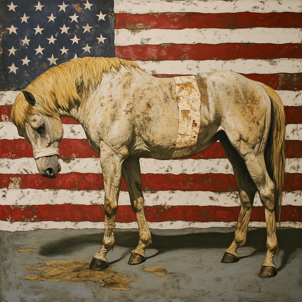 Old tired horse with bandaged knee, orange face makeup, flag background.