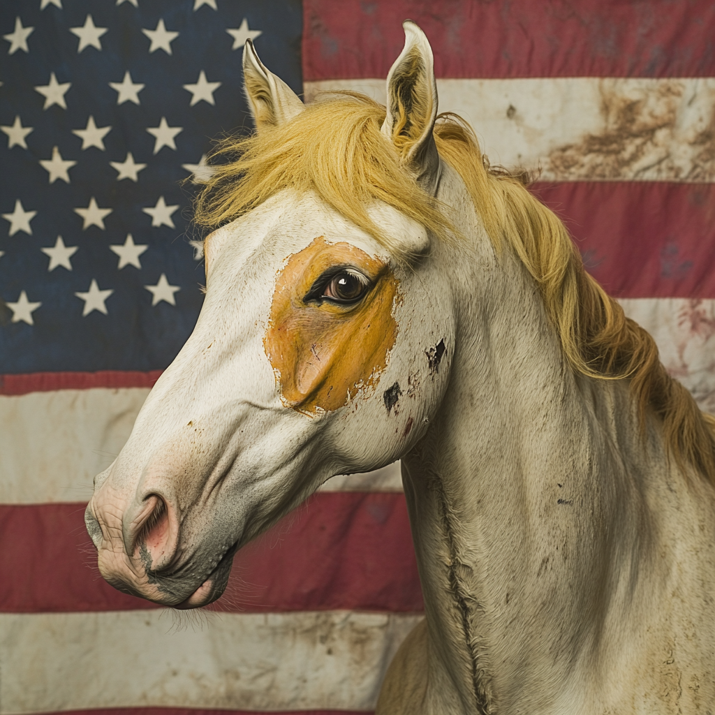 Old tired horse with swayed back and combover hair.