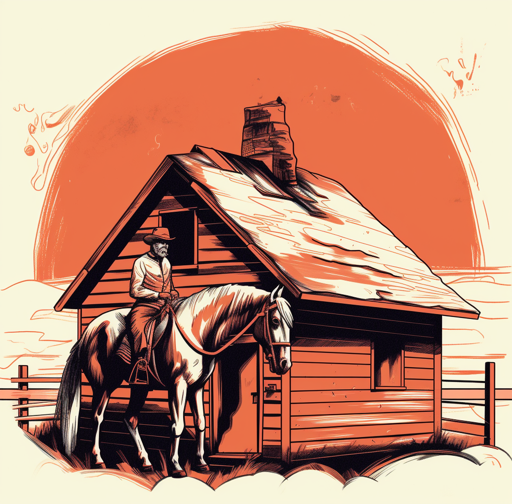 Old west rider on horse under eaves, minimalist retro.