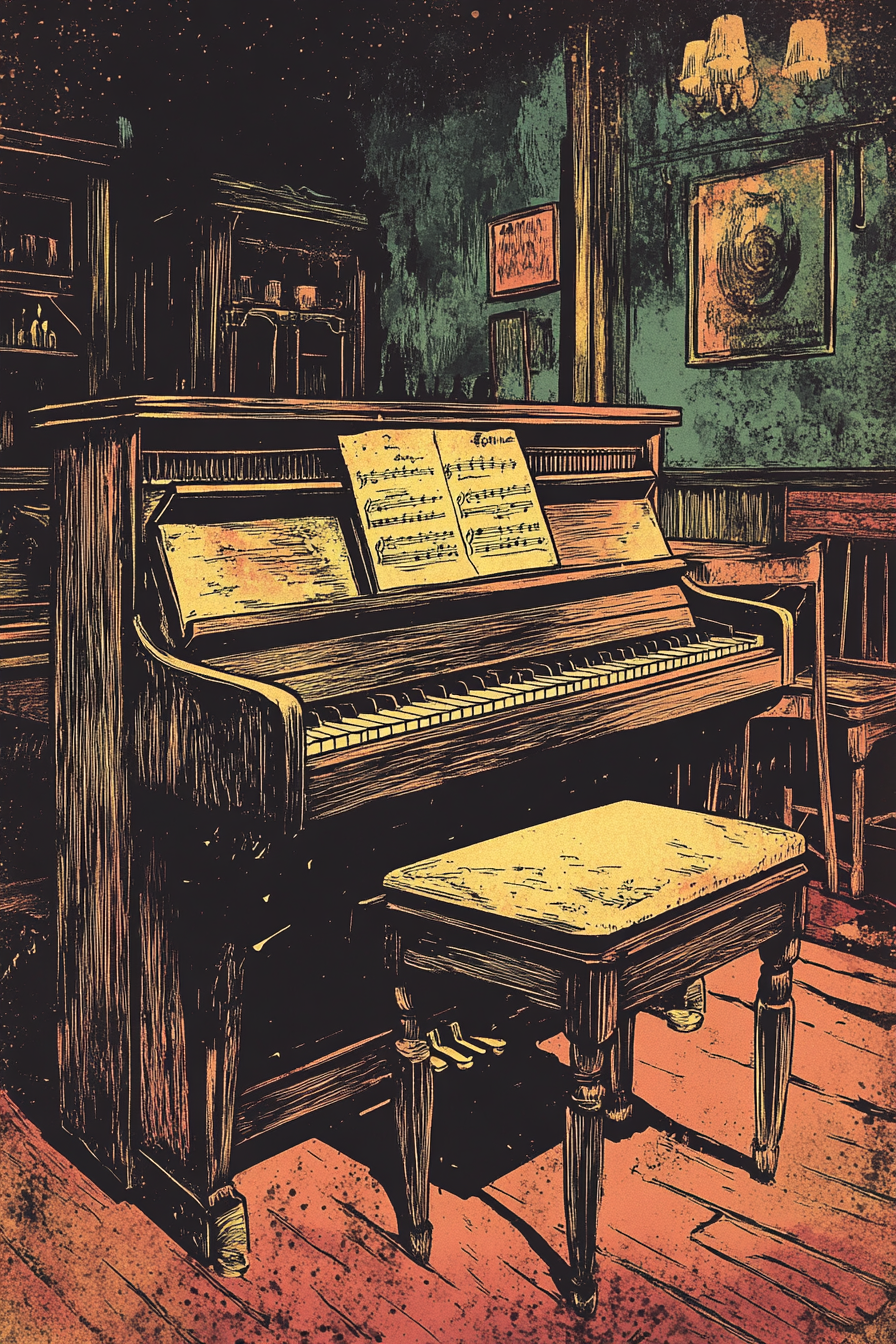 Old west saloon player piano roll cartoon style textured.