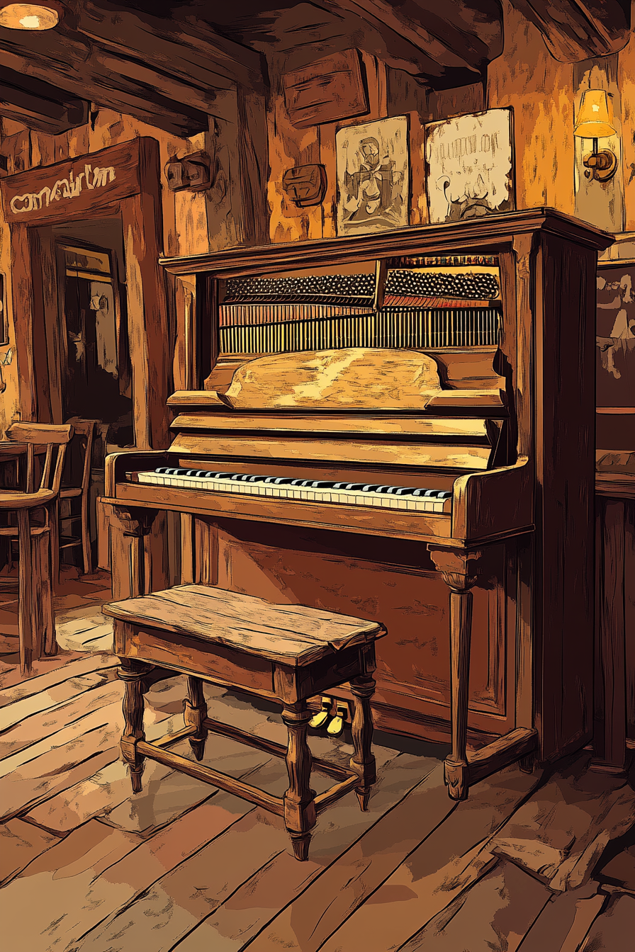 Old west saloon with automatic piano roll cartoon style.