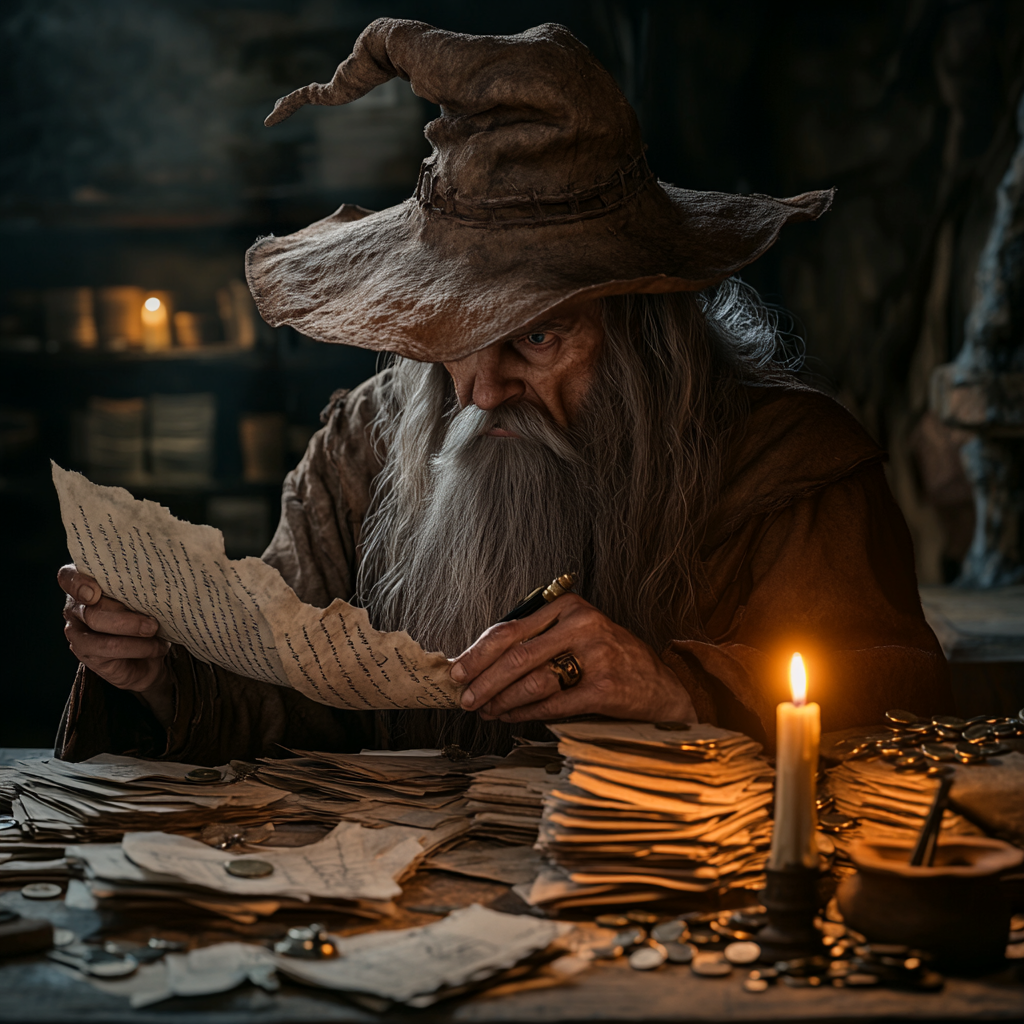 Old wizard in dusty room sorting papers