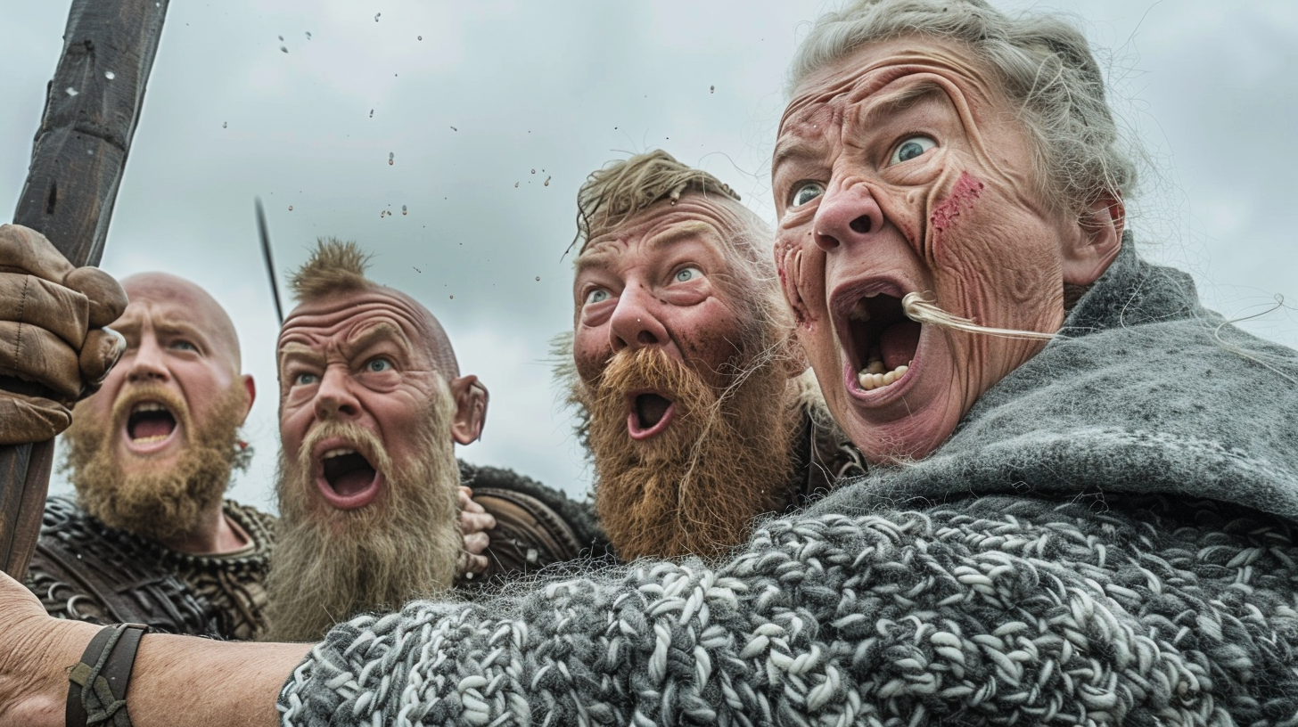 Old woman slapping Viking faces comically 