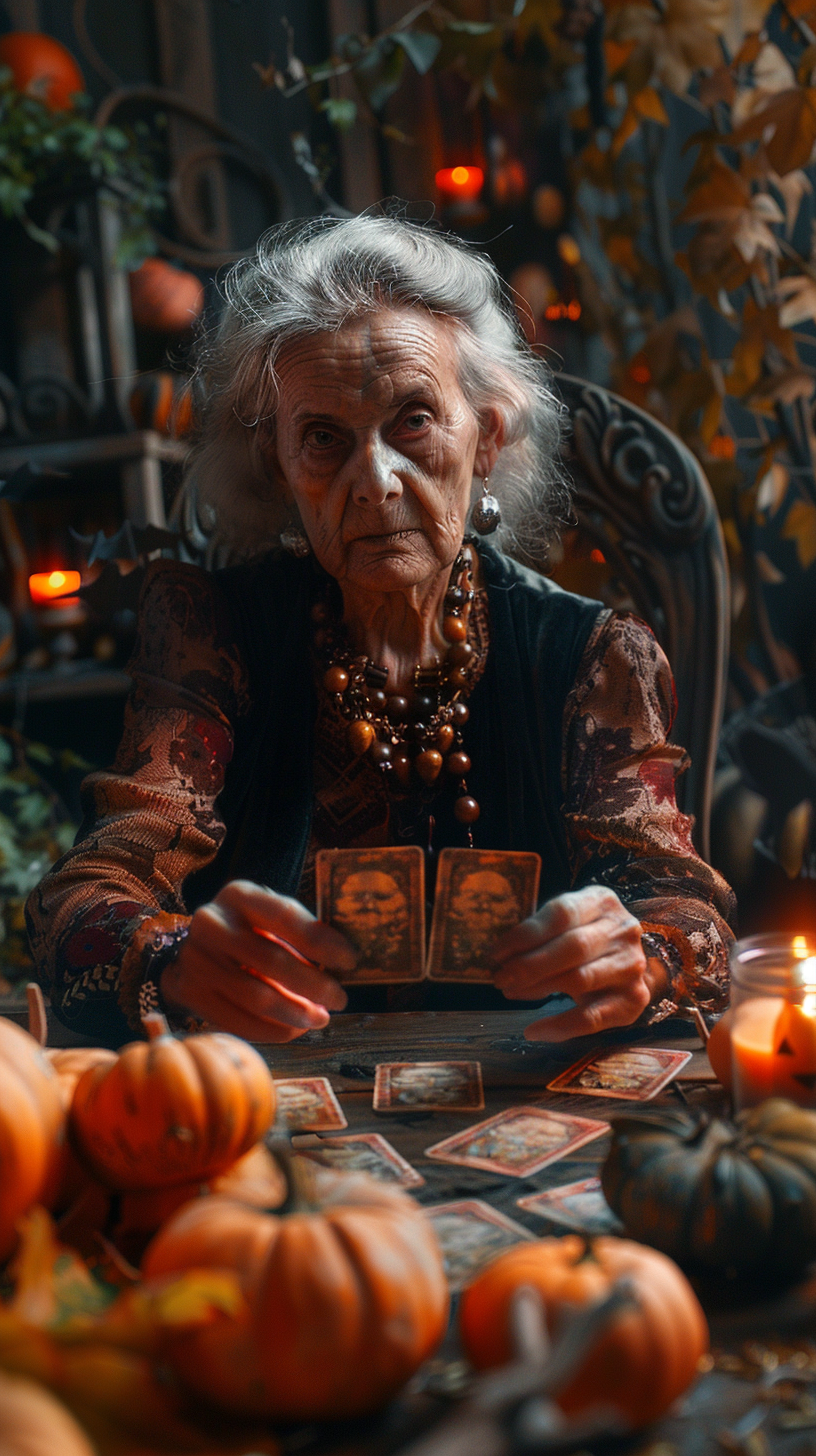 Old woman tarot reader surrounded by pumpkins and candles