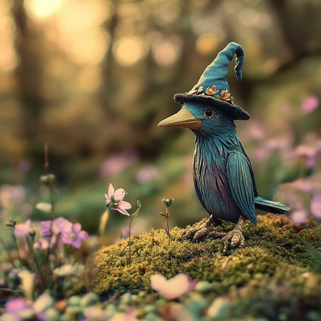 Old wooden blue wren wizard puppet on mossy rock.