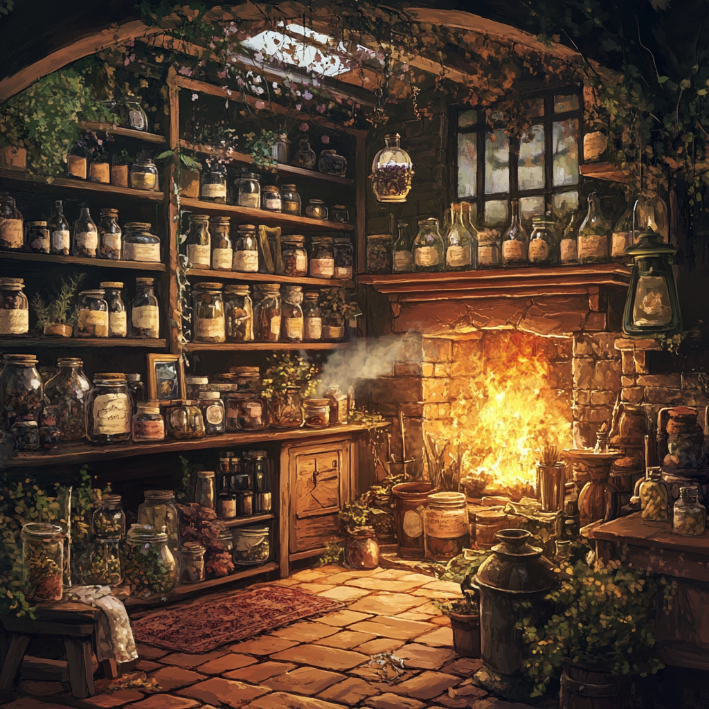 Old-world apothecary shop with herbs, apothecary, fire