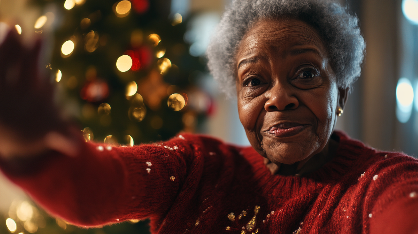 Older African American aunt hugs, Christmas decorations behind.