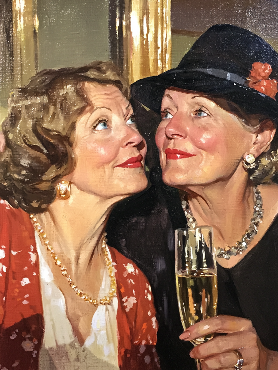 Older lesbian couple celebrating with champagne on book cover.