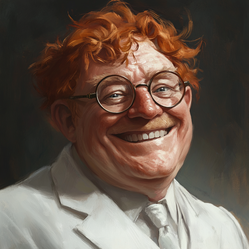 Older man in white suit with red hair smile.