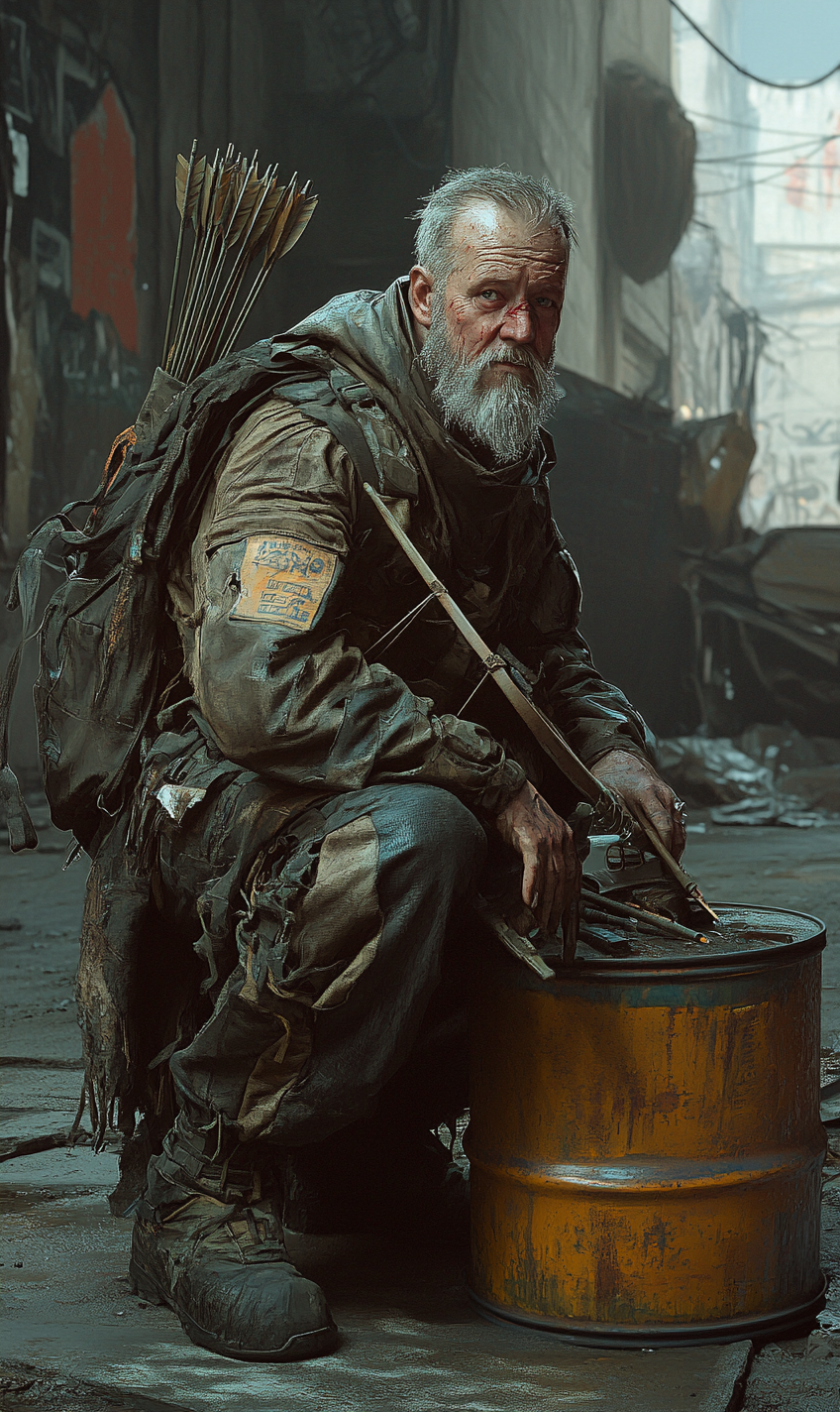 Older man with beard, distressed clothes, bow and arrow.