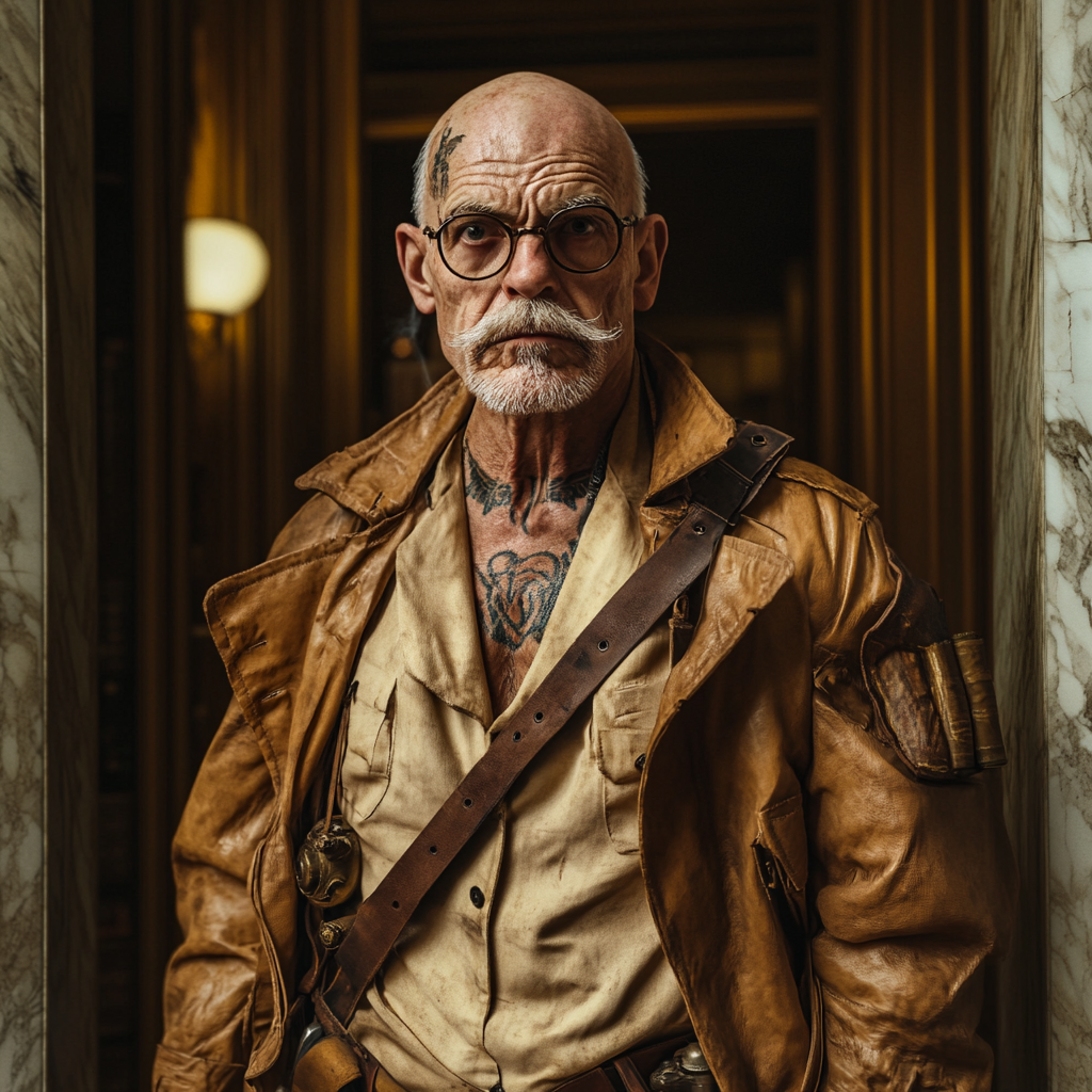 Older man with steampunk revolver in library doorway