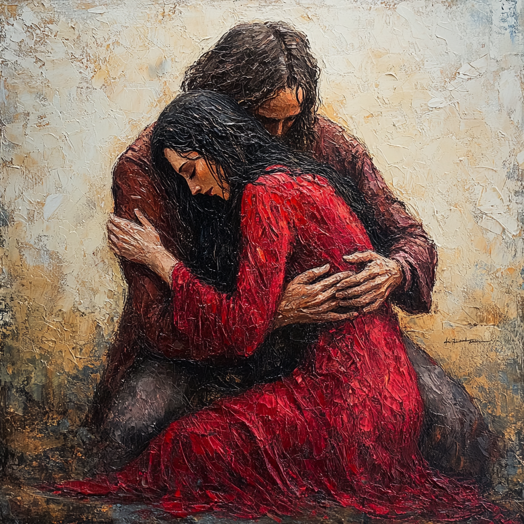 Older woman in red dress hugs compassionate Jesus figure.