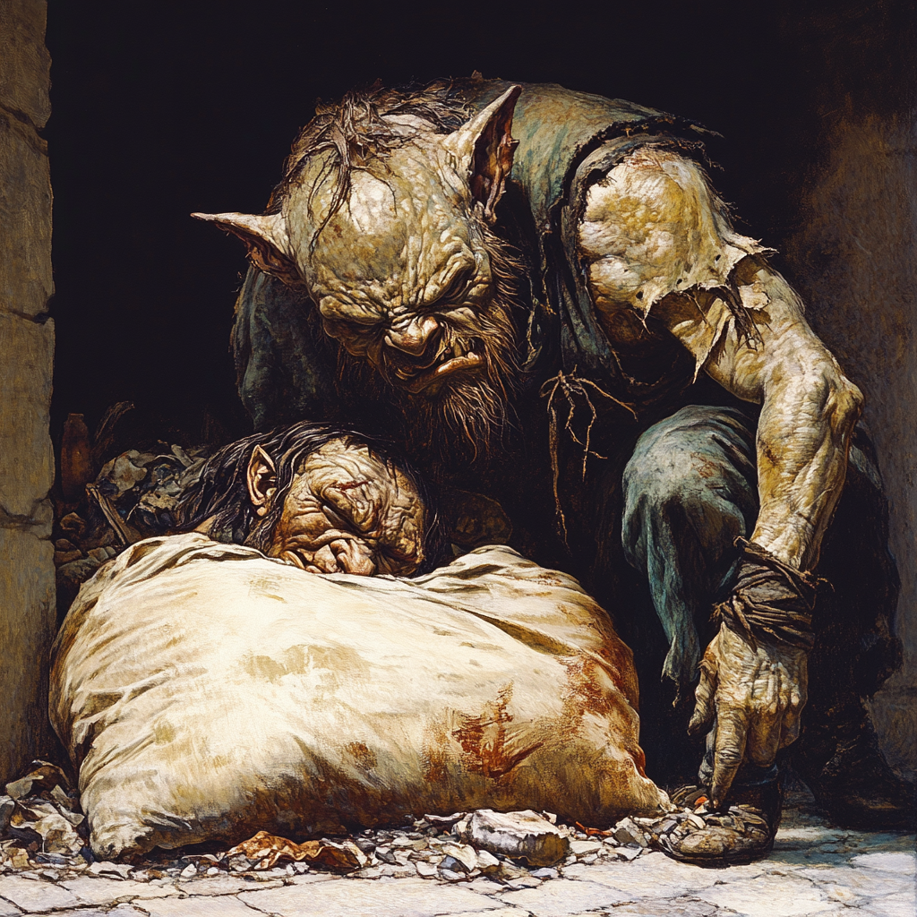 One-armed thief stealing from sleeping ettin.