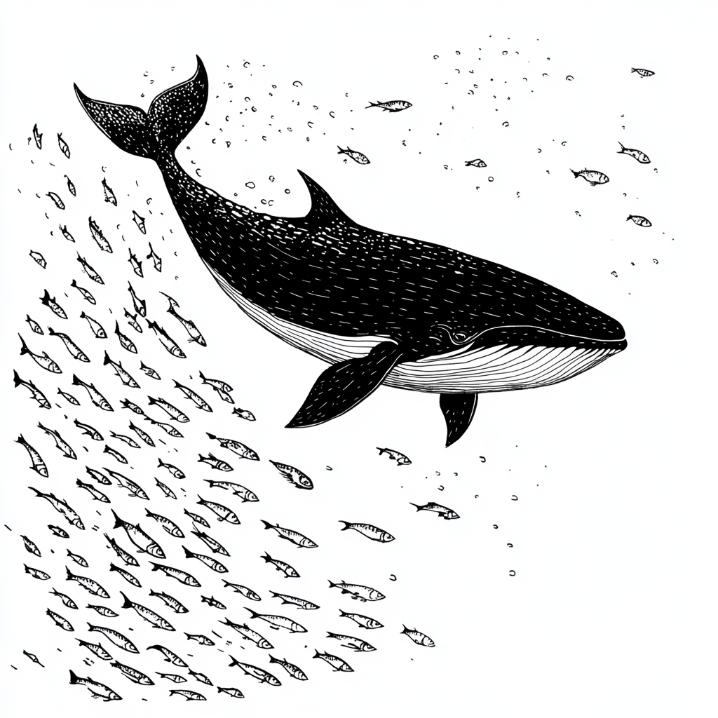 One baleen whale in the sea with sardines.