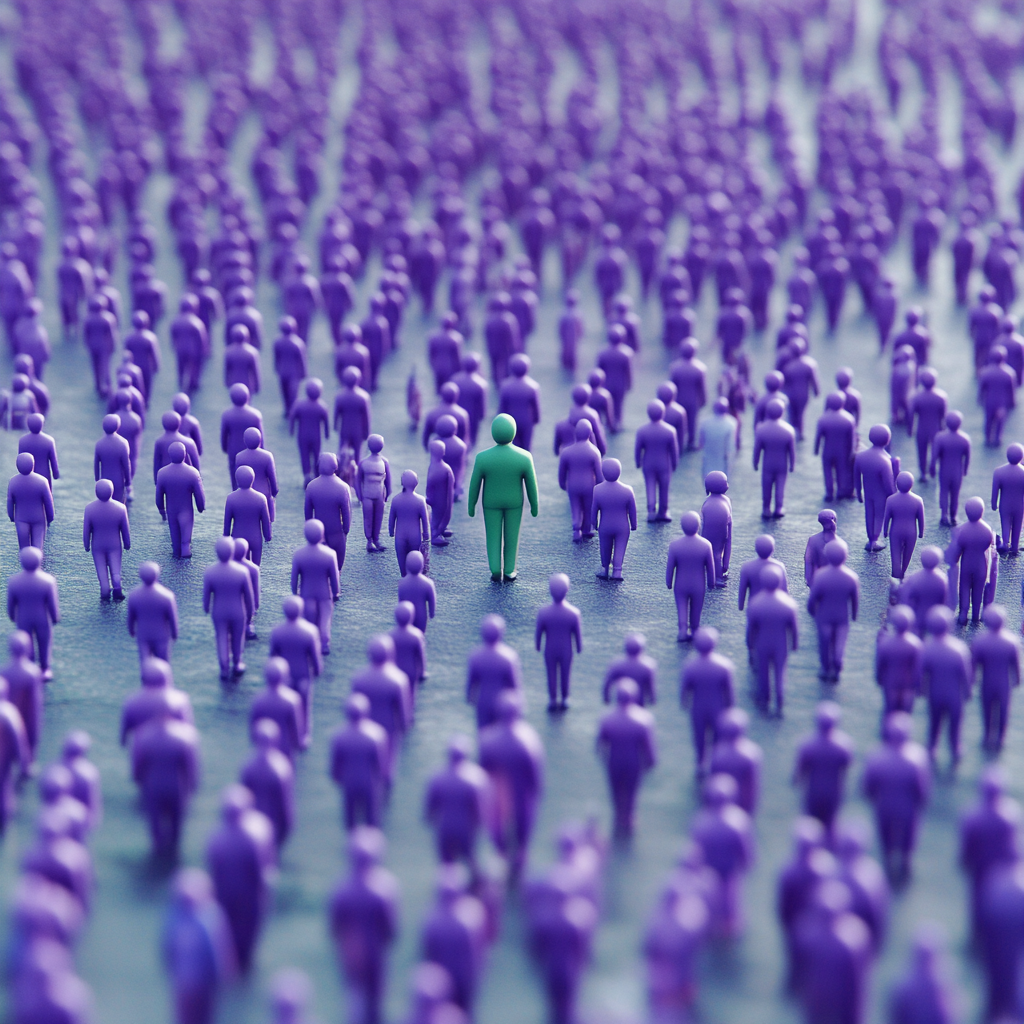 One green person surrounded by purple people, in lot.