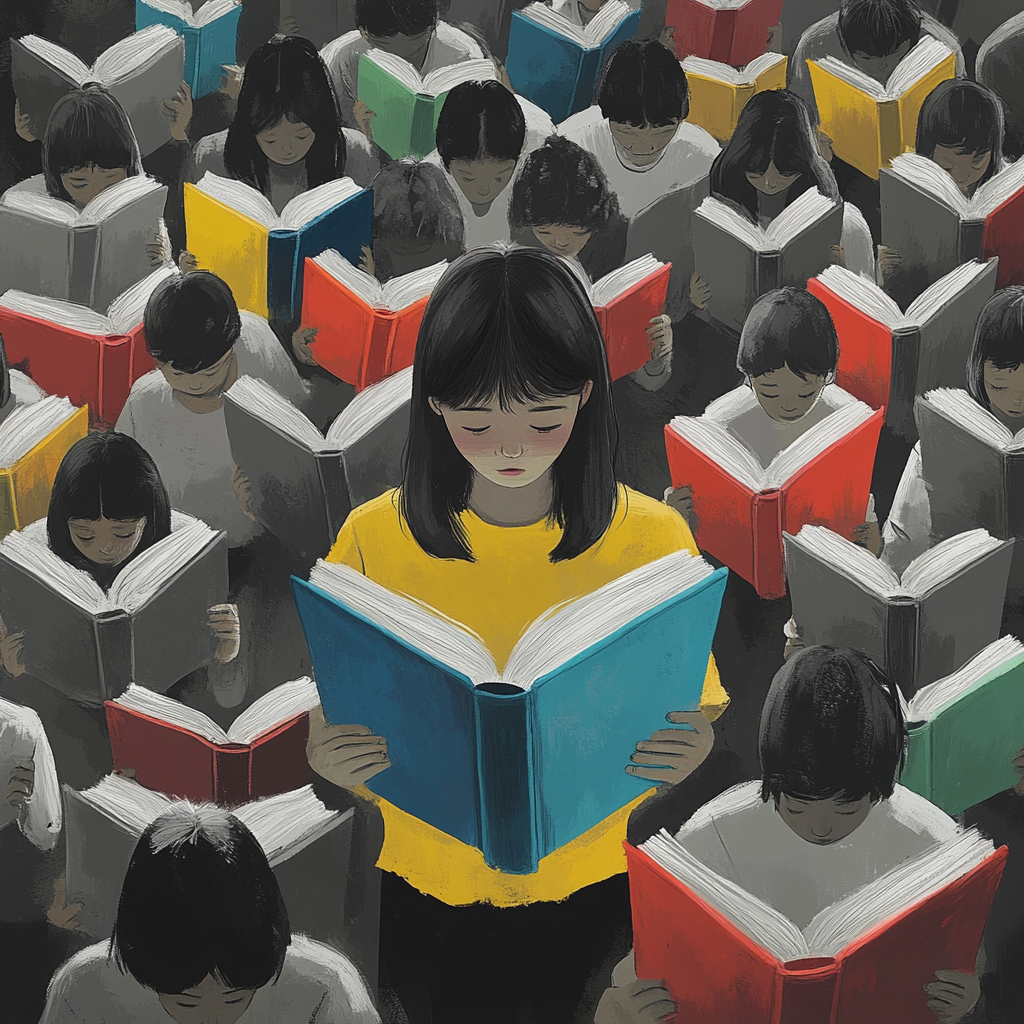 One student holds bright, colorful book in dull room.