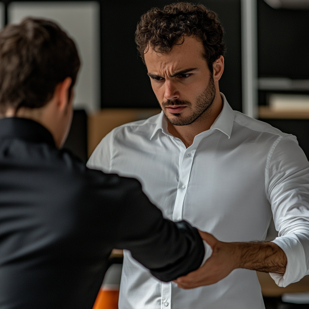 One worker presents arm, other looks uncomfortable, cinematic.