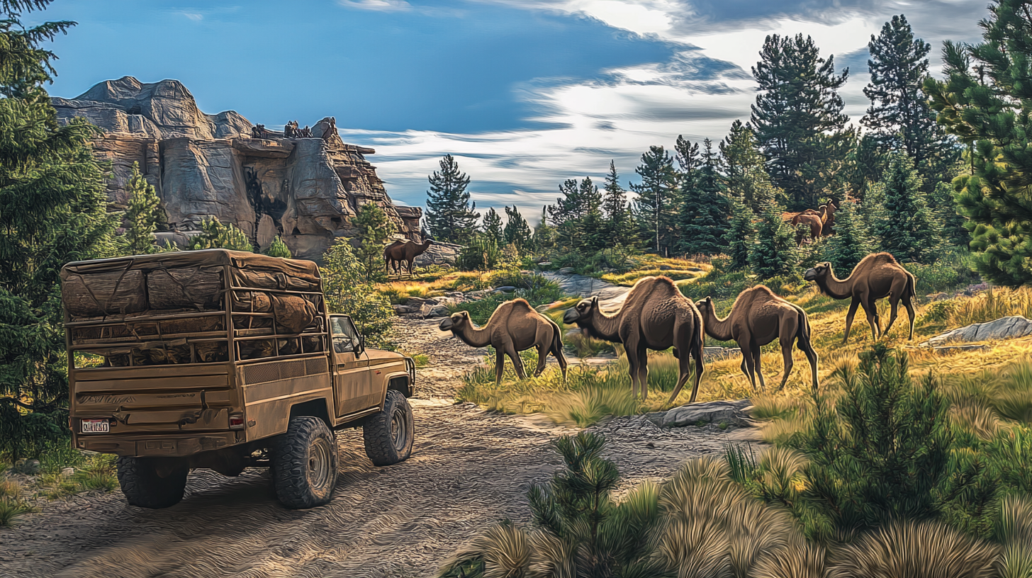 Open bed safari truck tour in prairie lands zoo.